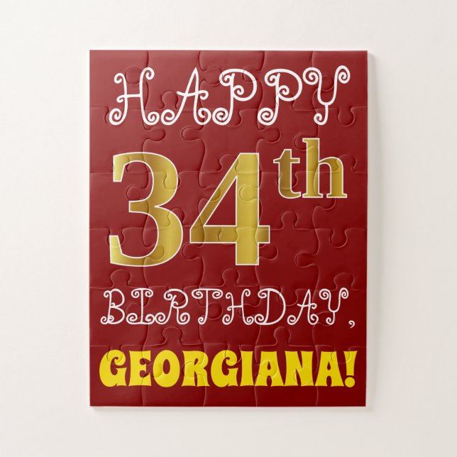 Rouge, Faux Gold 34e anniversaire + Puzzle de nom  (Vertical)