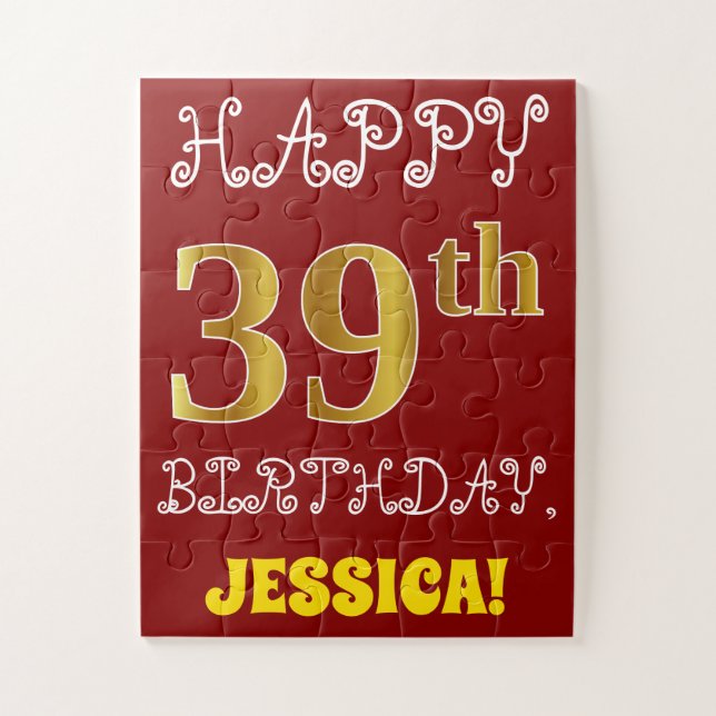 Rouge, Faux Gold 39e anniversaire + Puzzle de nom  (Vertical)