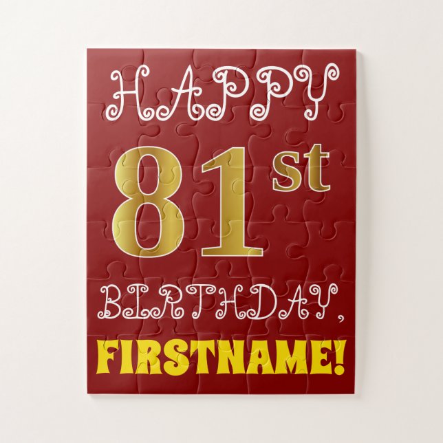 Rouge, Faux Gold 81e anniversaire + Puzzle de nom  (Vertical)