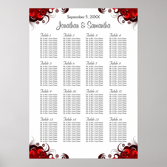 Rouge Floral & Blanc 16 Tables Mariages Tableau de (Devant)