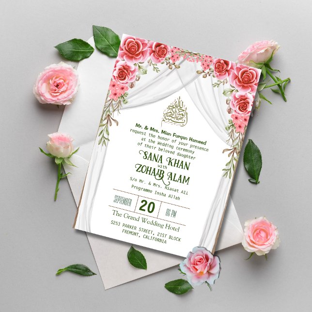 Rouge Floral Nikah Faire-part de mariage islamique (Créateur téléchargé)