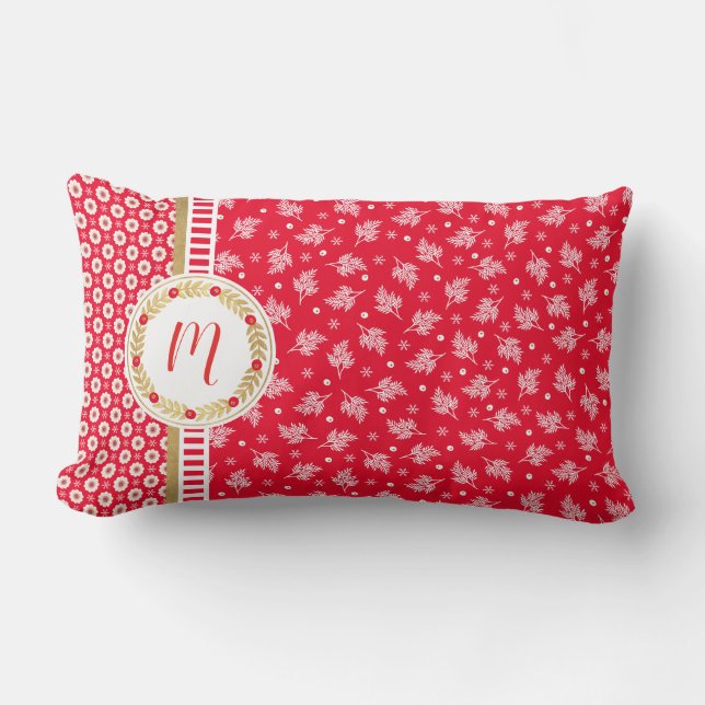 Rouge Floral Noël Monogramme Lumbar Coussin (Recto)
