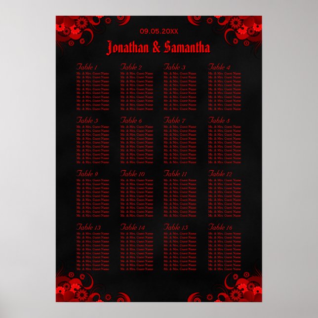 Rouge Floral & Noir 16 Tables Mariages Tableau de  (Devant)