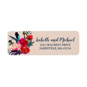 Rouge Floral & Plumes Bleues Retourner les étiquet