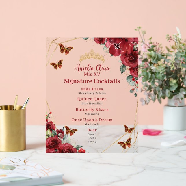 Rouge Floral Quinceanera Anniversaire Bar Menu Boi (Mariage)