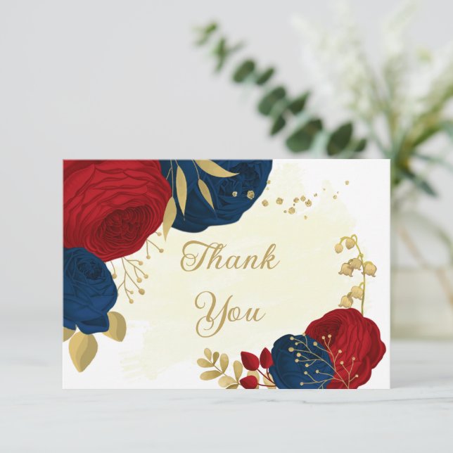 rouge foncé & bleu marine fleurs or mariage merci (Debout devant)
