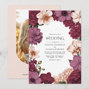 Rouge Garnet, Rosette Mauve & Peach Silk Wedding Invitation