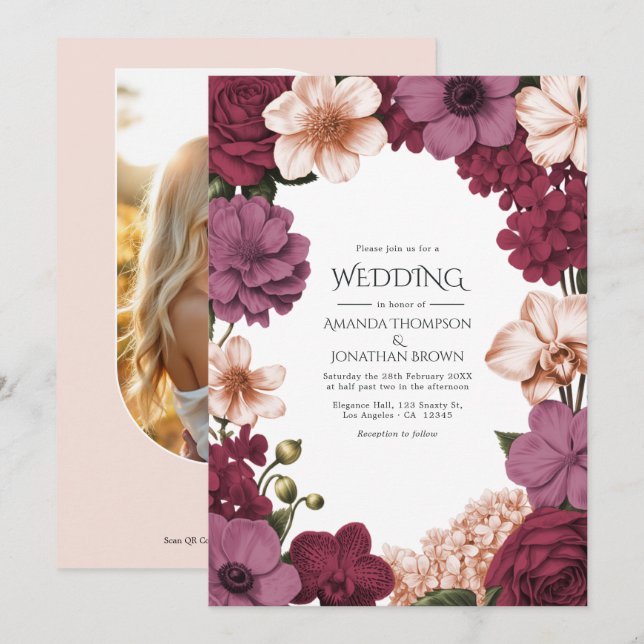 Rouge Garnet, Rosette Mauve & Peach Silk Wedding Invitation (Front/Back)