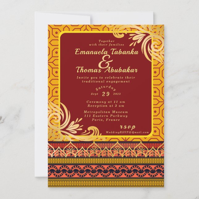 Rouge & Jaune Kente Faire-part de mariage Gold Des (Devant)