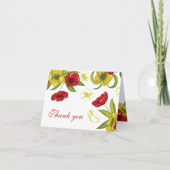Rouge + Lime Vert fleurs de pavot mariage Merci (Devant)