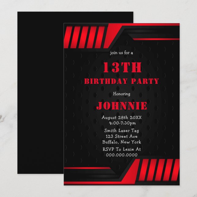 Rouge métallique Noir 13e anniversaire Invitations (Devant / Derrière)
