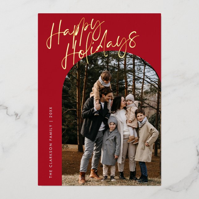 Rouge moderne Script Joyeux Vacances Arch 2 Photo (Recto)