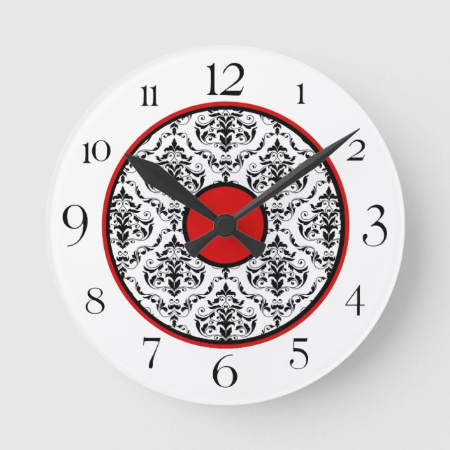Rouge noir & blanc Damas Elégante horloge ronde (Recto)