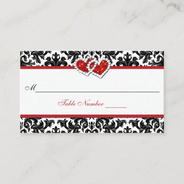 Rouge Noir Blanc Damas Joint Coeurs Carte Place (Devant)