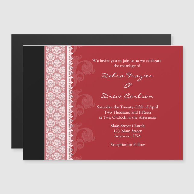 Rouge noir moderne Faire-part de mariage magnétiqu (Devant / Derrière)