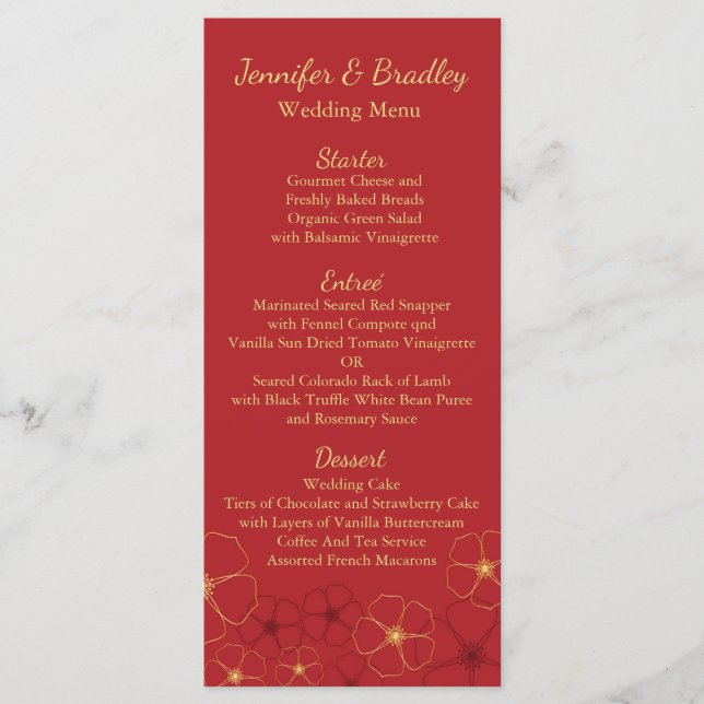 Rouge & Or Cerisier Fleurs Mariage Accueil Menu (Devant)