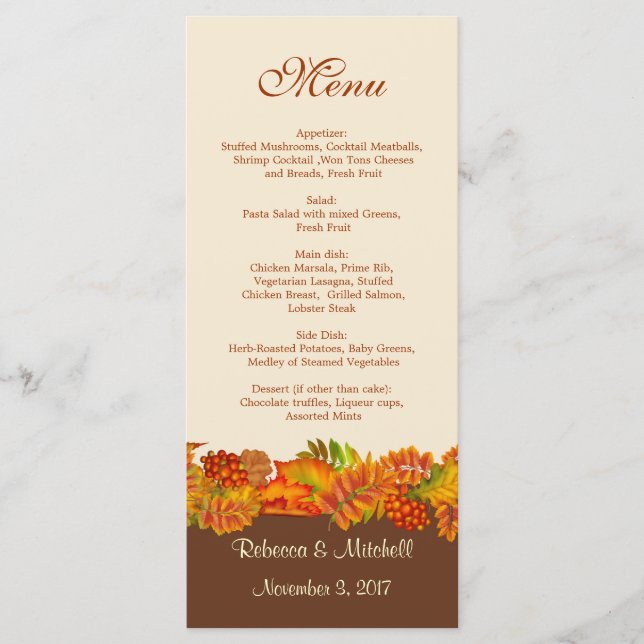 Rouge or Feuilles d'automne Mariage Menu Carte Rac (Devant)