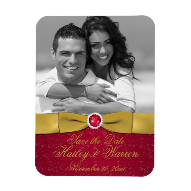 Rouge, or Floral Enregistrer la date Magnet photo (Vertical)