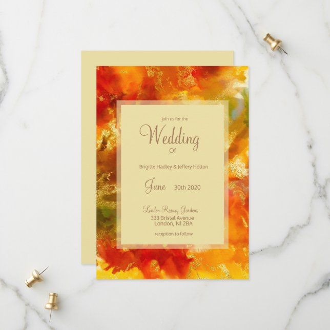 Rouge, or, orange, encre verte invitations de mari (Devant/Arrière en situation)