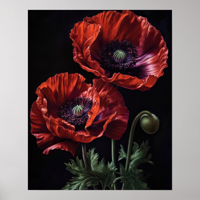 Rouge Oriental Fleurs de pavot Art Imprimer Poster (Devant)