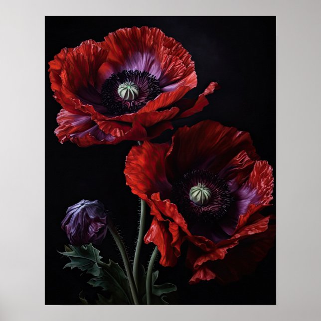 Rouge Oriental Fleurs de pavot Art Imprimer Poster (Devant)