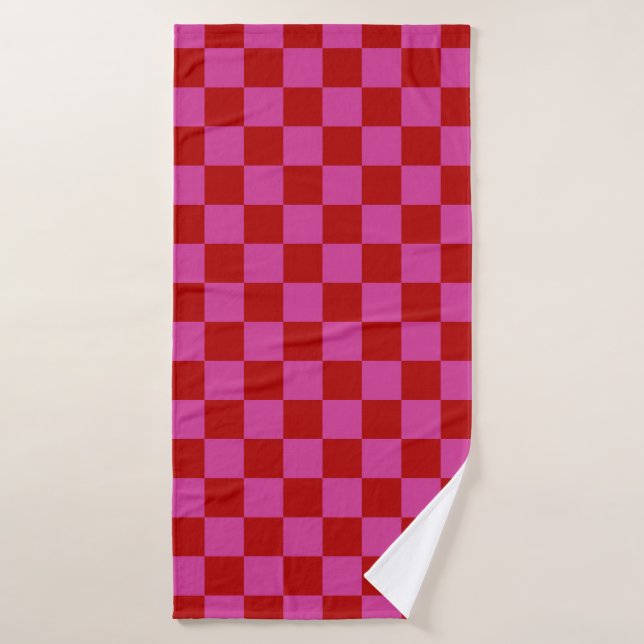 Rouge + Pink Check À damiers Motif de tableau de b (Serviette de bain)