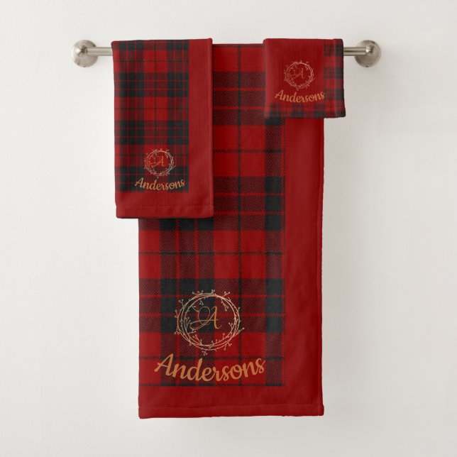 Rouge Plaid Avec Nom De Famille Monogramme Noël (En situation)