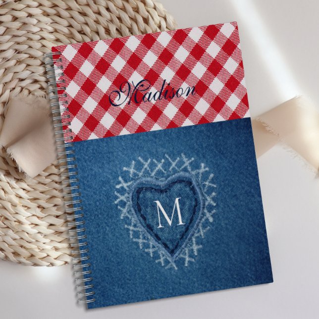 Rouge Plaid Buffalo Check Denim Heart Monogramme (Créateur téléchargé)