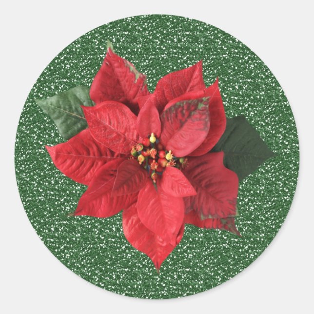 Rouge Poinsettia sur Sticker de Noël vert (Devant)