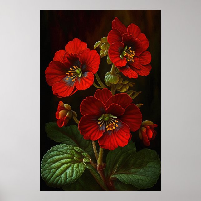 Rouge Primrose Fleurs Art Affiche d'impression (Devant)