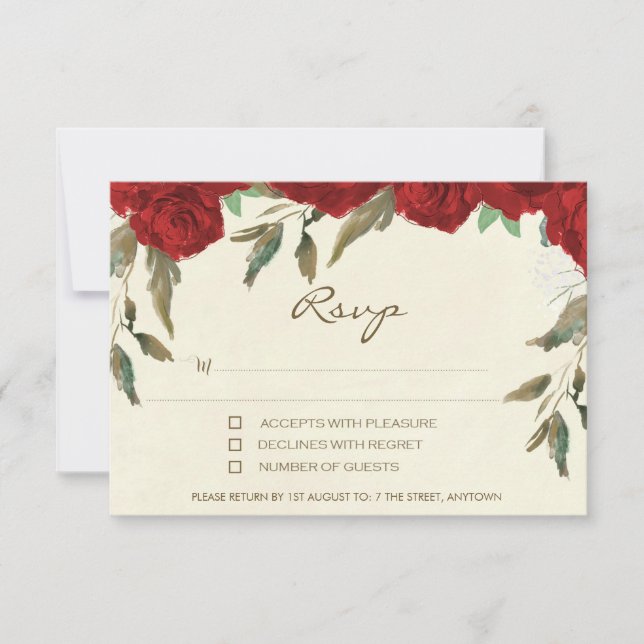 Rouge roses floral ivoire mariage rsvp réponse car (Devant)
