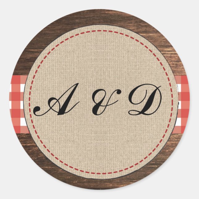 Rouge Rustique Burlap Bois Stickers Mariage Étique (Devant)