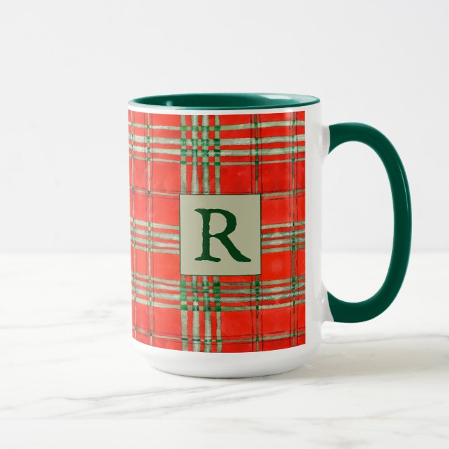 ROUGE SCOTT TARTAN Tall Green Combo Mug + Initial (Droite)