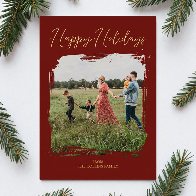 Rouge Script moderne minimal photo Joyeux vacances (Red Script Modern Minimal Photo Happy Holidays Foil Holiday Card)