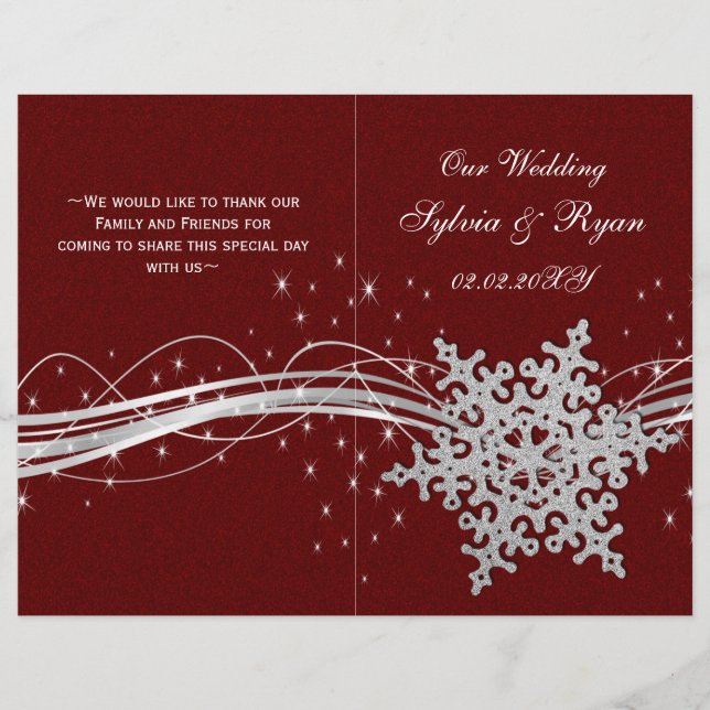 rouge Silver Snowflakes programmes de mariage plié (Devant)