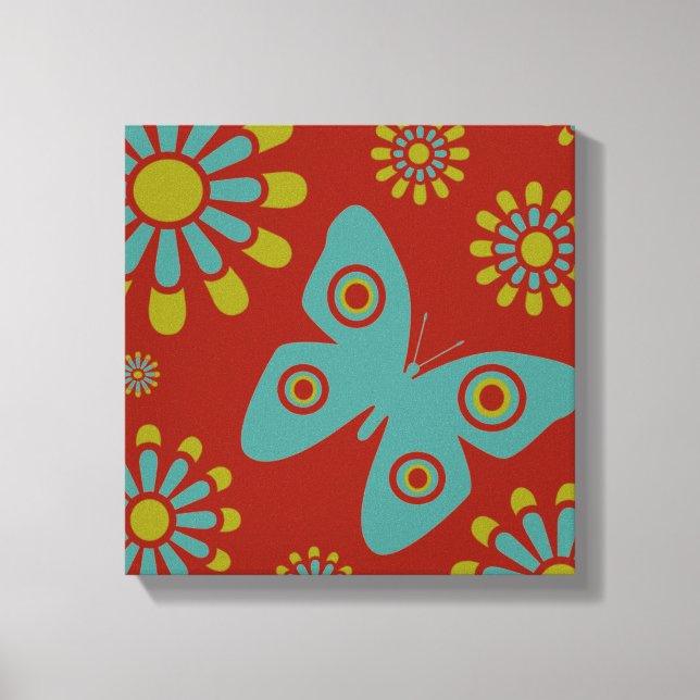 Rouge Turquoise Fleurs vertes Papillon Toile (Recto)