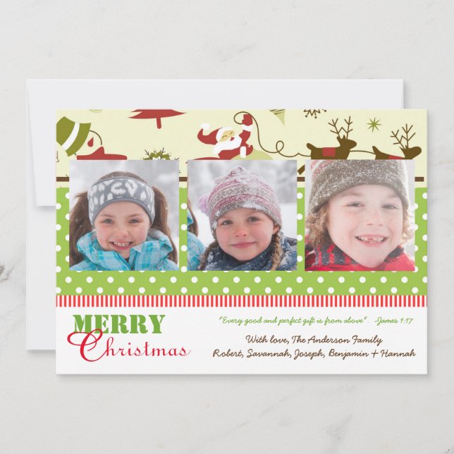 Rouge, Vert, Brown Retro 3 Photos - Carte de Noël (Devant)