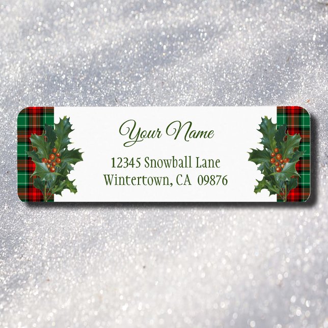 Rouge Vert Plaid Holiday Holly Étiquette de adress (Red Green Holiday Plaid with Holly)