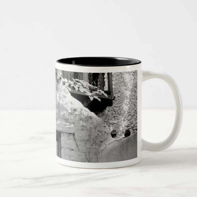 Rough adobe bell in entryway, Santa Fe, New Two-Tone Coffee Mug (Right)