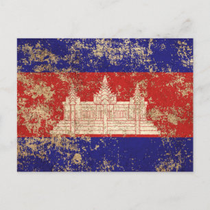 Rough Aged Vintage Cambodian Flag Postcard