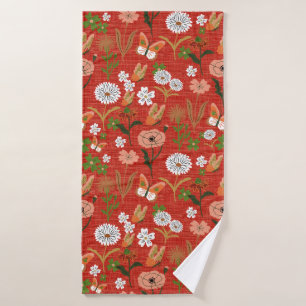 Rough Bamboo Floral Butterfly Shamrocks in Red Bath Towel
