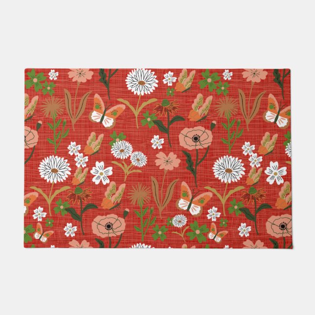 Rough Bamboo Floral Butterfly Shamrocks in Red Doormat (Front)
