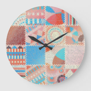 Rough Canvas Patchwork: Textured Vintage Pattern Large Clock