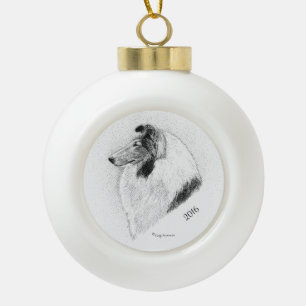 Rough Coat Collie Pen and Ink By Cindy Alvarado Ceramic Ball Christmas Ornament
