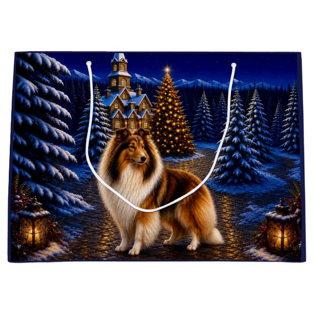 Rough Coated Collie Holiday Large Gift Bag (Front)