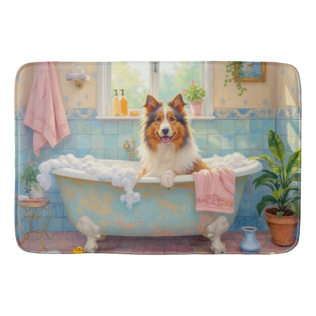 Rough Collie Bath Time Elegant Bathroom Decor Mat (Front)