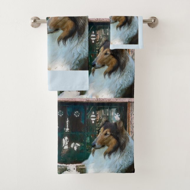 Rough Collie Christmas Bath Towel Set (Insitu)