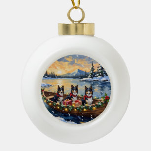Rough Collie Christmas Boat Holiday Ceramic Ball Christmas Ornament