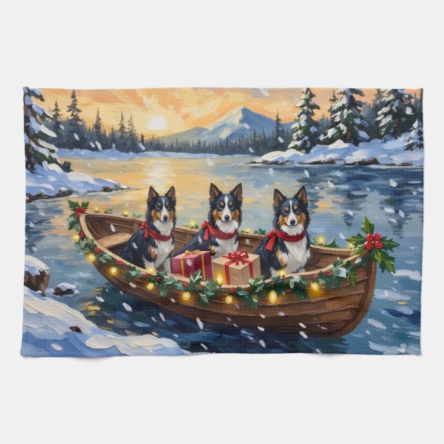 Rough Collie Christmas Boat Holiday Kitchen Towel (Horizontal)