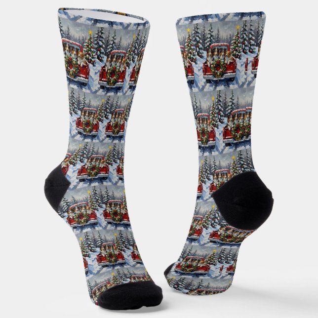 Rough Collie Christmas Red Truck Holiday Socks (Angled)